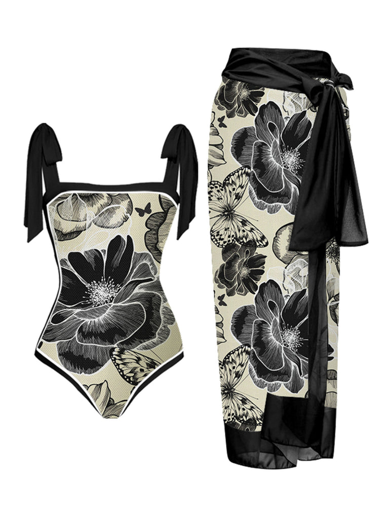 1950s Ink Floral Halter One-Piece Swimsuit: timeless style reimagined
