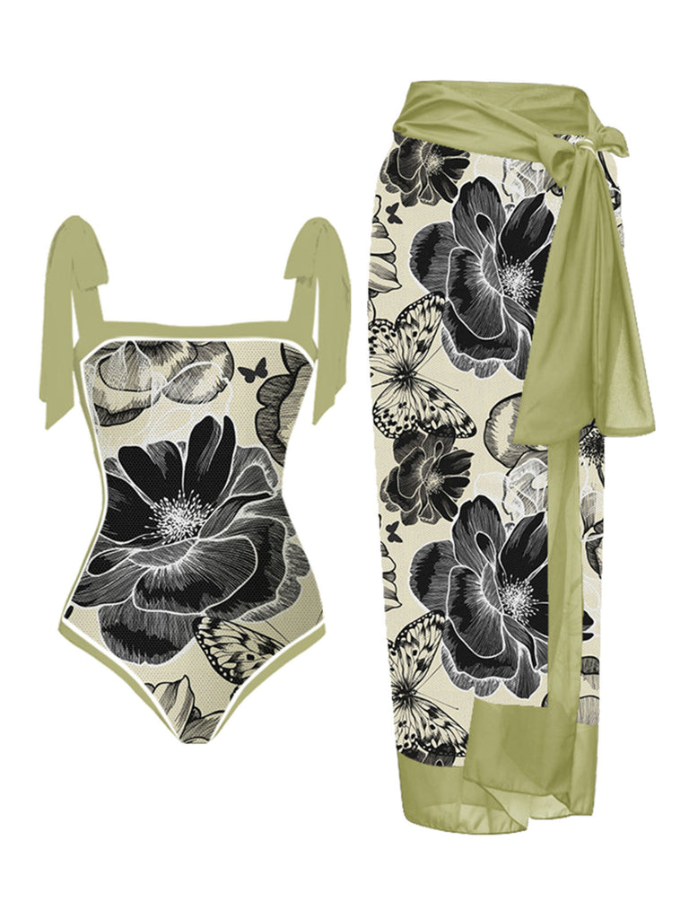 1950s Ink Floral Halter One-Piece Swimsuit: 1950s Riviera elegance, reimagined for her