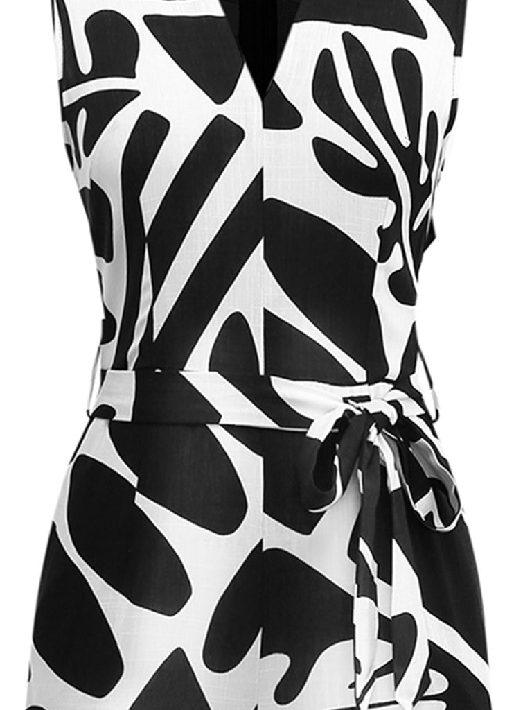 Black & White 1950s Plants Silhouette Belted Jumpsuit - vintage jumpsuit, retro fashion, classic black