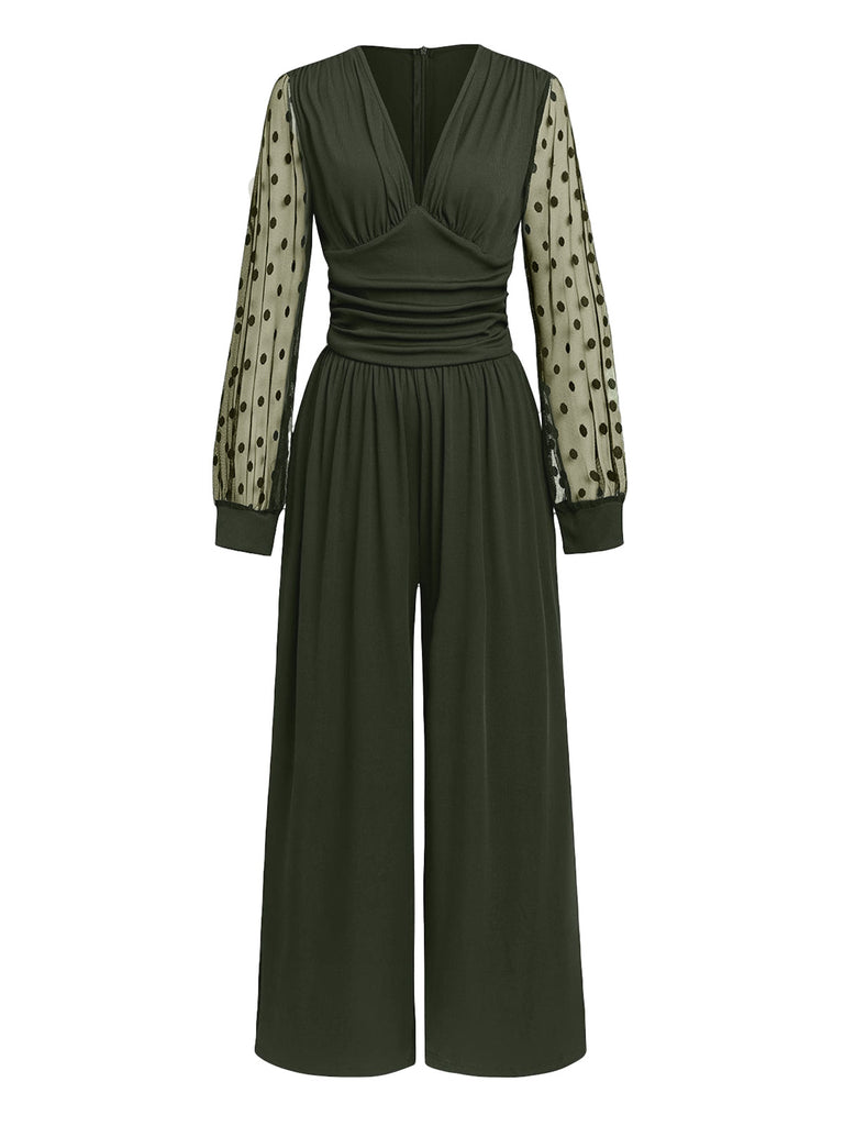 Olive Green 1950s V-Neck Sheer Polka Dot Sleeve Jumpsuit - vintage jumpsuit, retro fashion