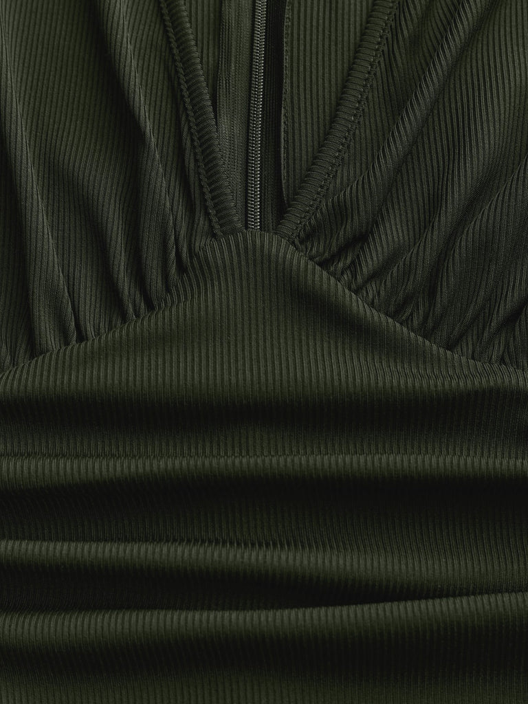 Olive Green 1950s V-Neck Sheer Polka Dot Sleeve Jumpsuit - vintage jumpsuit, retro fashion