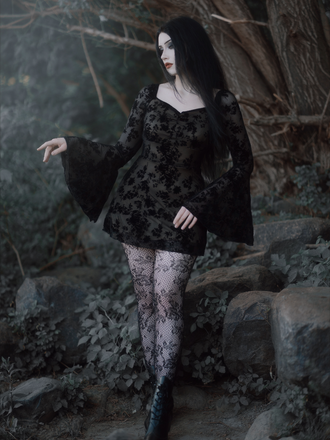 Black 1950s Lace Floral Bishop Sleeves Dress, vintage dress, retro fashion, rockabilly, pin-up fashion - perfect for women who love vintage and retro fashion