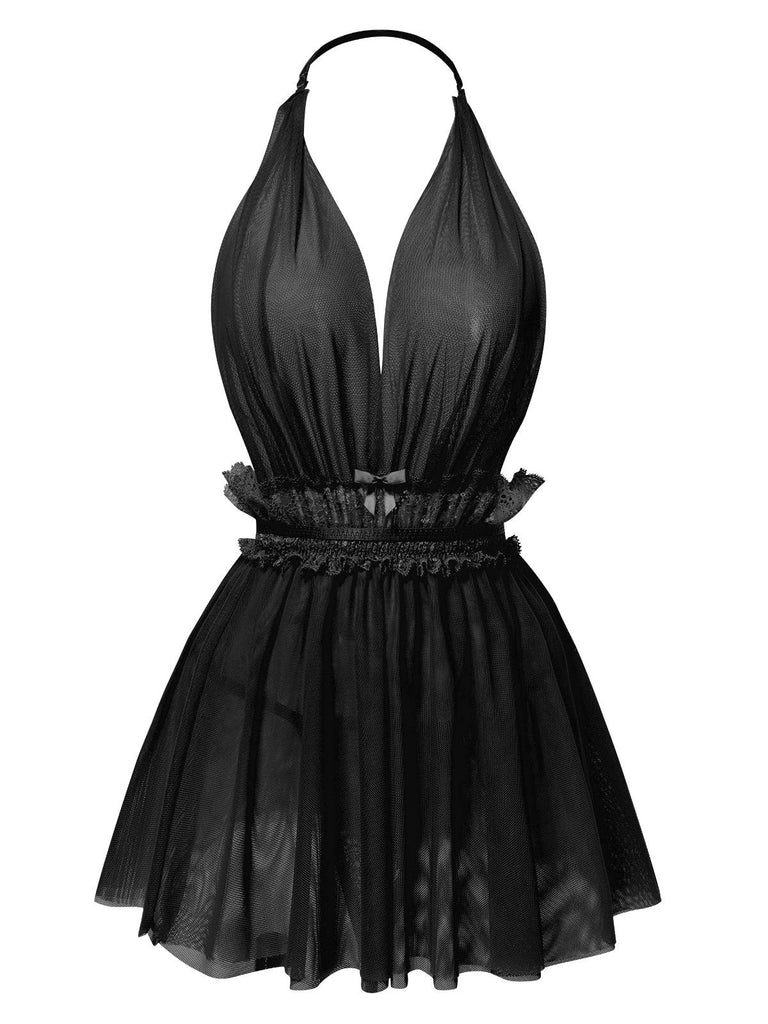 1950s Lace Mesh Deep V-Neck Halter Nightgown — the kind of 1950s dress that makes strangers smile