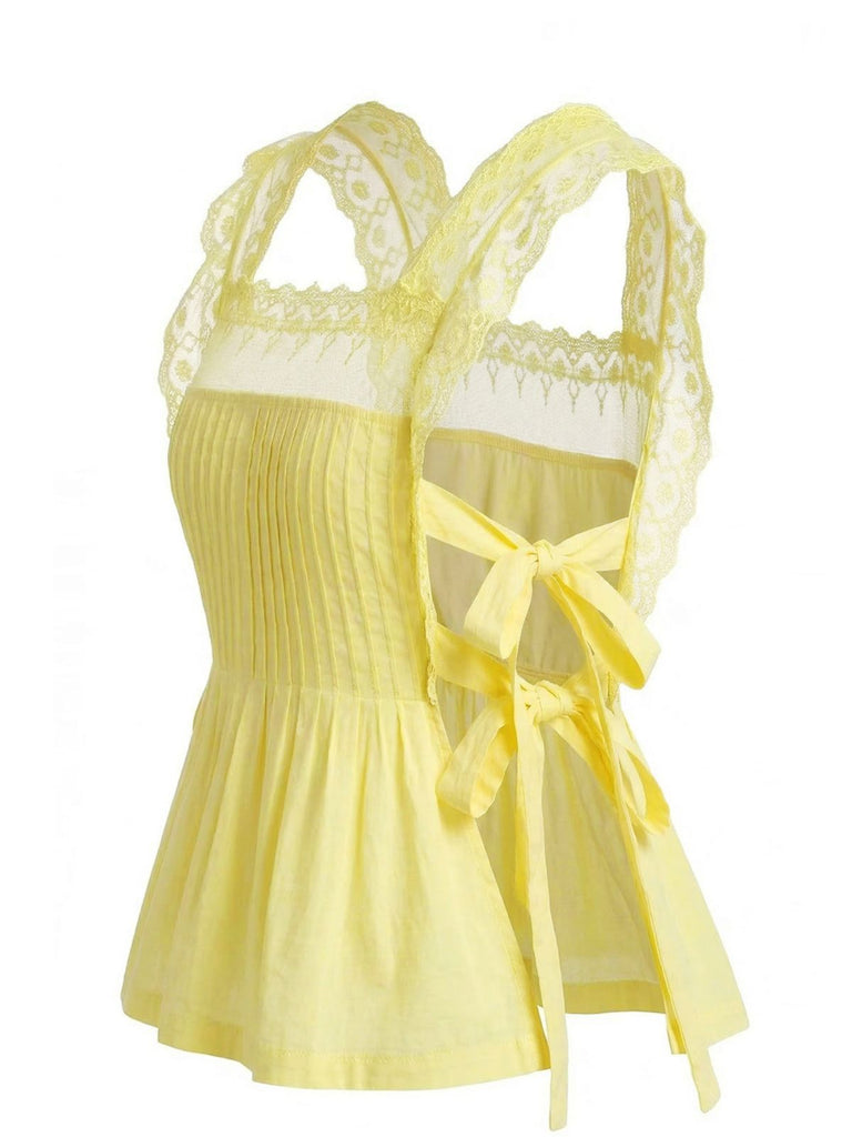 1950s Lace-Trim Bows Pleated Babydoll Top, vintage top, retro blouse - perfect for women who love vintage and retro fashion