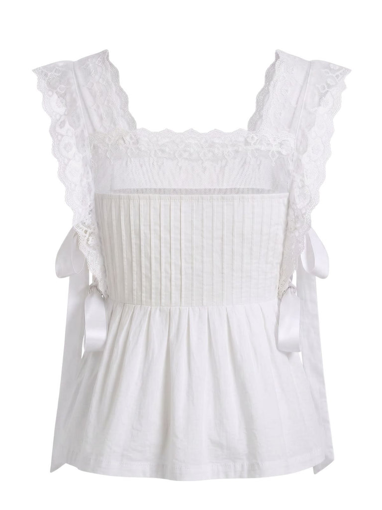 1950s Lace-Trim Bows Pleated Babydoll Top, vintage top, retro blouse - perfect for women who love vintage and retro fashion