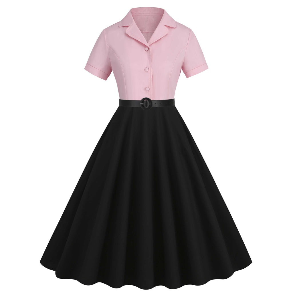 She slips into this 1950s Lapel Contrast Belted Dress and suddenly it's a 1950s daydream