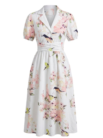 1950s-Lapel-Floral-Hummingbird-Print-Ruched-Waist-Dress, vintage, retro, dress
