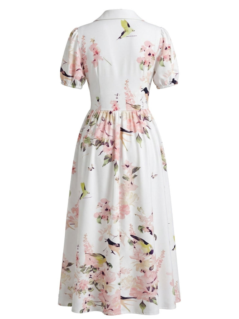 1950s-Lapel-Floral-Hummingbird-Print-Ruched-Waist-Dress, vintage, retro, dress