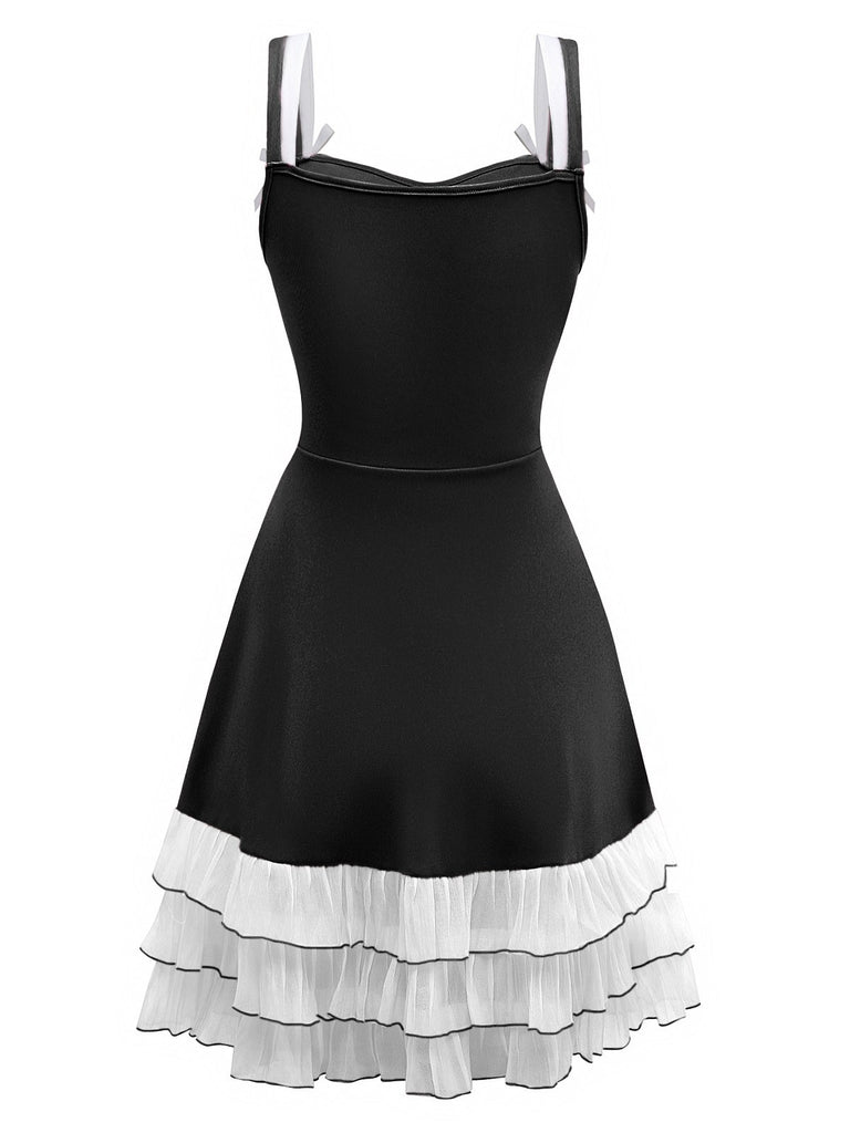 1950s Layered Hem Contrast Bow Strap Dress - vintage dress, retro fashion, rockabilly