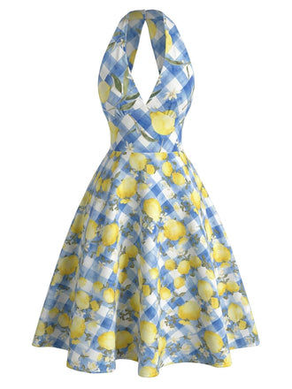 1950s-Lemon-Floral-Halter-V-Neck-Dress, vintage, retro, dress