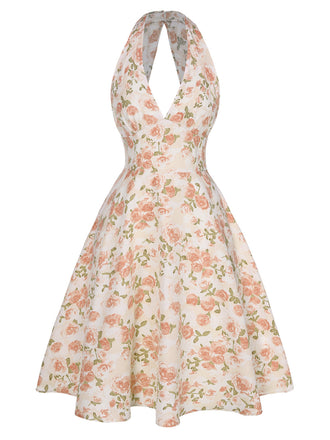 1950s-Lemon-Floral-Halter-V-Neck-Dress, vintage, retro, dress