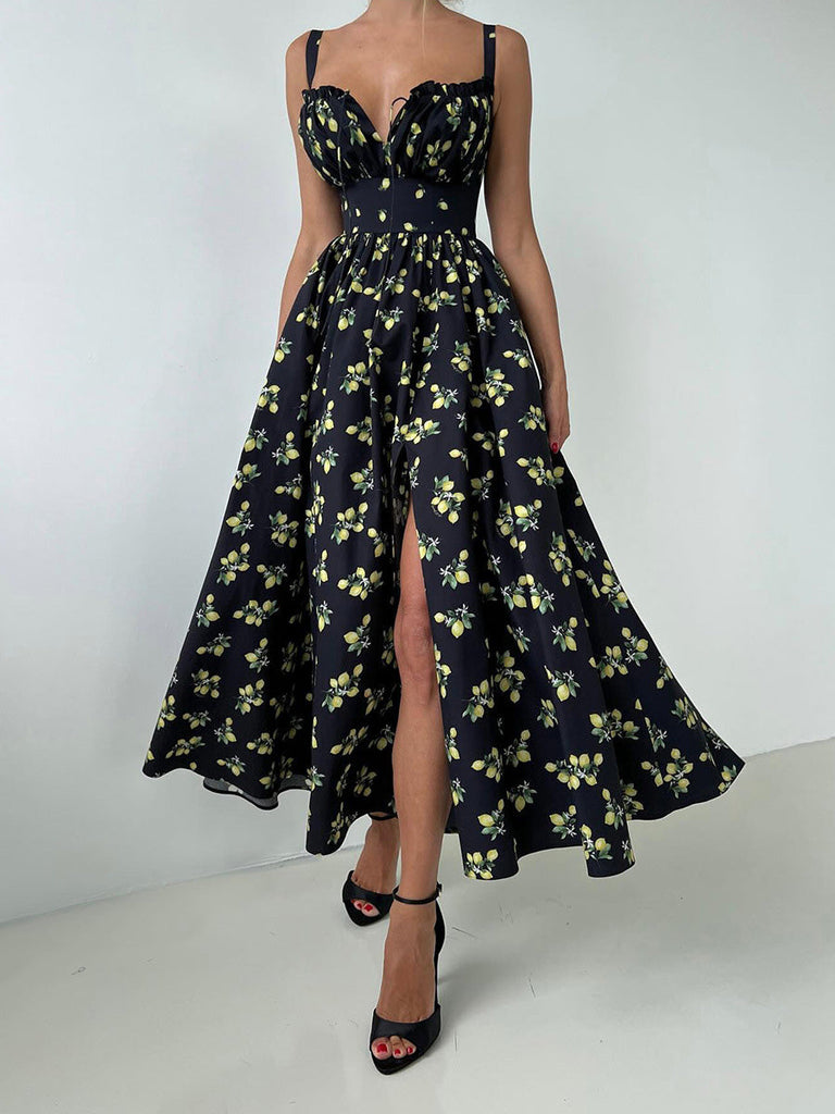 1950s Lemon Print V-Neck Side Slit High Waist Dress, vintage dress, retro fashion, rockabilly, pin-up fashion - perfect for women who love vintage and retro fashion