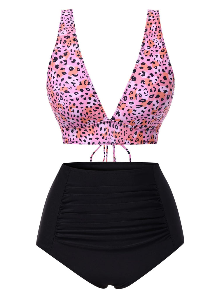 1950s Leopard Print Deep V-Neck Lace-Up Bikini Set - vintage fashion, retro style