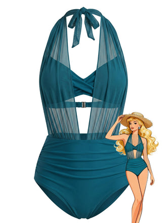 1950s Mesh Halter Plunge Ruched Bikini Set, vintage swimsuit, pin-up swimwear - perfect for women who love vintage and retro fashion