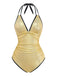 1950s Metallic Shimmer Strappy Halter One-Piece Swimsuit: beautiful vintage swimwear, retro swimsuit, pin-up style with timeless appeal