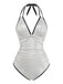 1950s Metallic Shimmer Strappy Halter One-Piece Swimsuit: beautiful vintage swimwear, retro swimsuit, pin-up style with timeless appeal