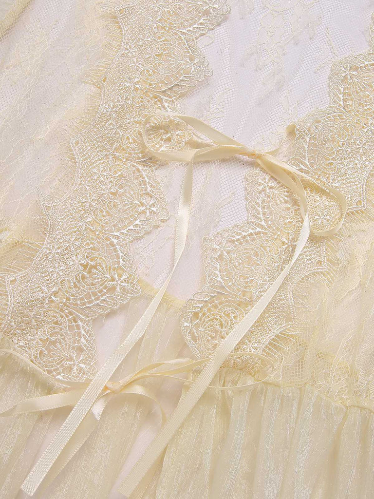 2PCS Apricot 1950s Floral Straps Slit Nightgown & Robe - vintage nightgown, retro sleepwear