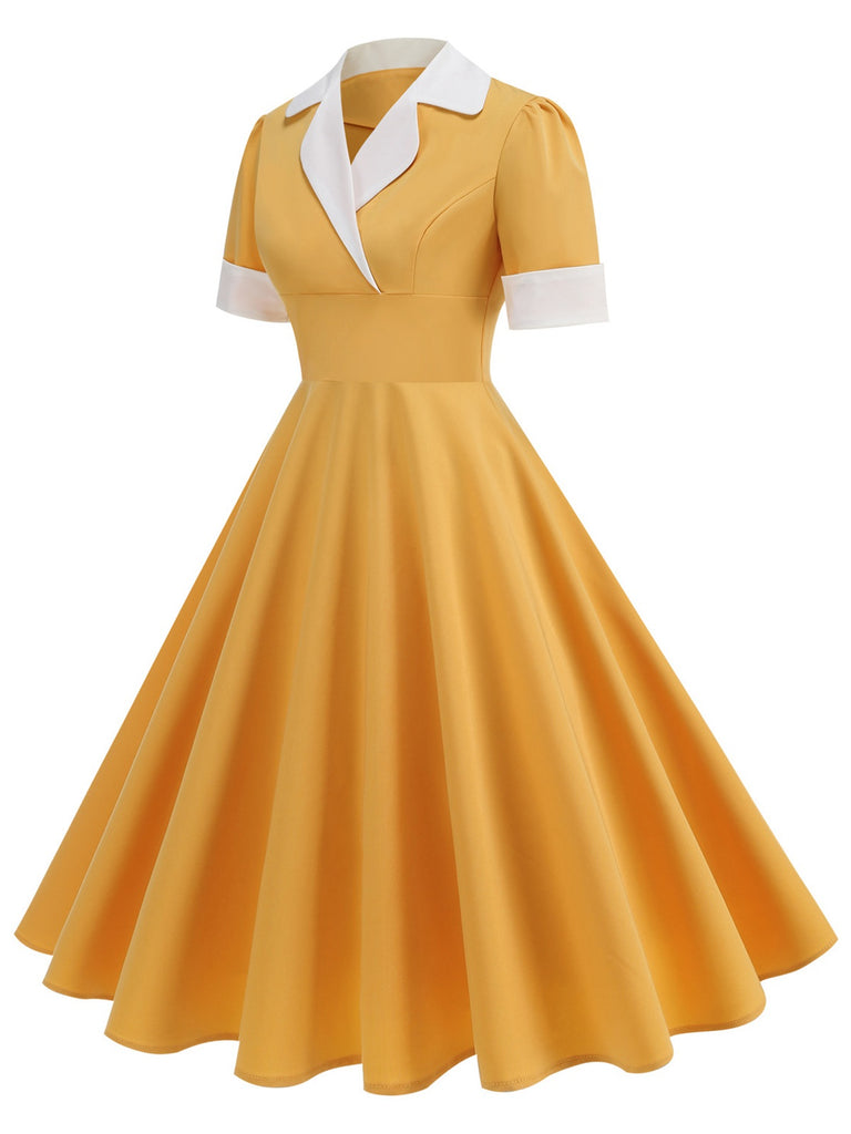 This 1950s Notched Collar Colorblock Swing Dress wraps her in 1950s elegance, one twirl at a time