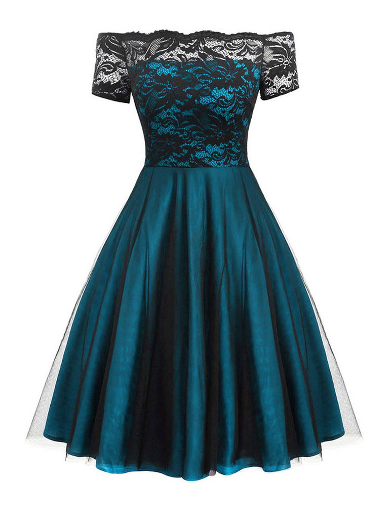 1950s Off Shoulder Lace Swing Dress, classic 1950s style elegant retro fashion - Image 5