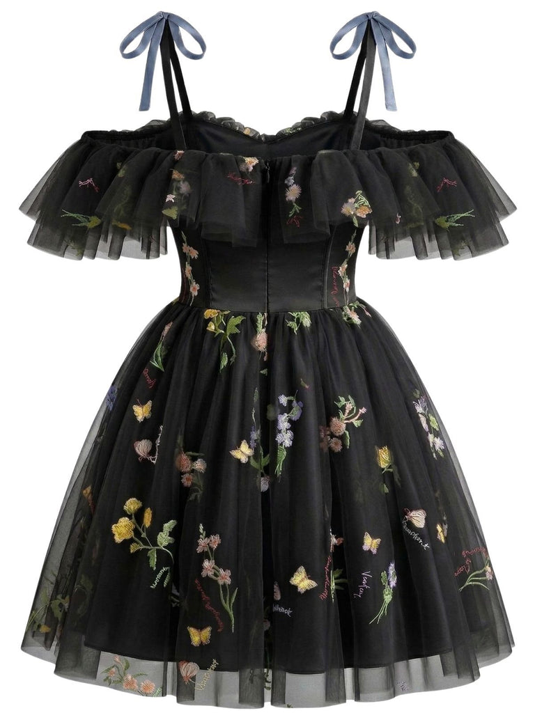 1950s Off-Shoulder Floral Embroidered Mesh Dress, vintage dress, retro fashion, rockabilly, pin-up fashion - perfect for women who love vintage and retro fashion