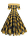 She slips into this 1950s Off-Shoulder Vintage Patchwork Plaids Dress and suddenly it's a 1950s daydream