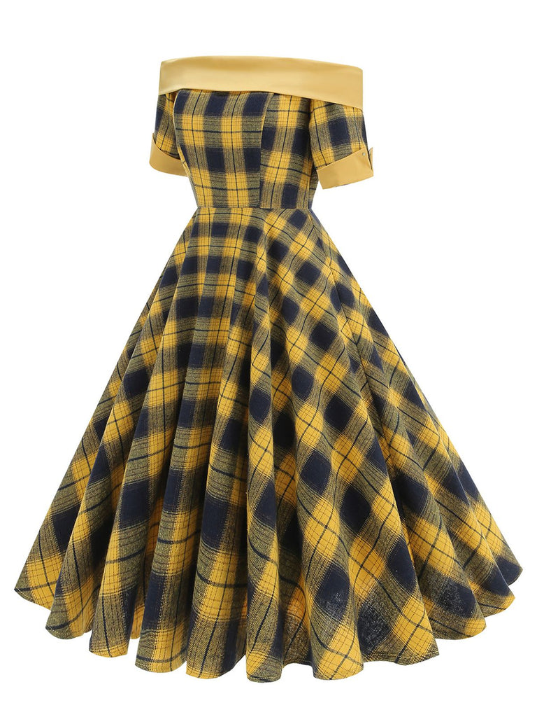 1950s Off-Shoulder Vintage Patchwork Plaids Dress: where 1950s romance meets her modern spirit