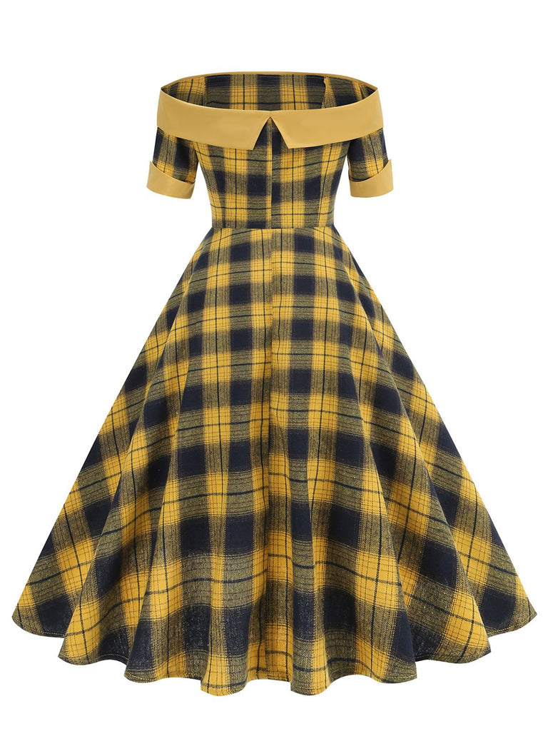 This 1950s Off-Shoulder Vintage Patchwork Plaids Dress wraps her in 1950s elegance, one twirl at a time