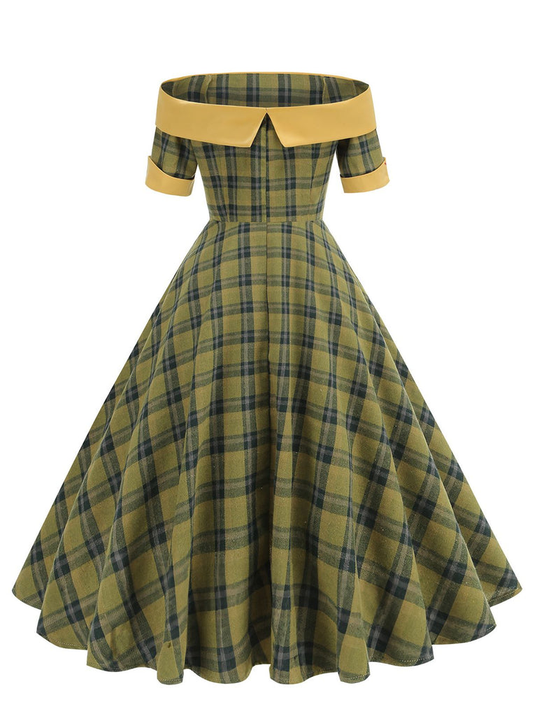 1950s Off-Shoulder Vintage Patchwork Plaids Dress: where 1950s romance meets her modern spirit