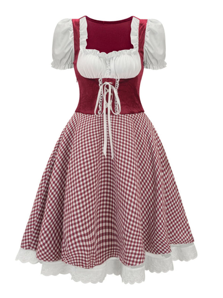 She slips into this 1950s Oktoberfest Puff Sleeves Gingham Plaid Dress and suddenly it's a 1950s daydream