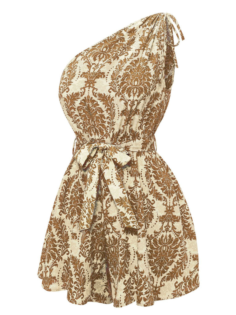1950s One Shoulder Floral Print Belted Romper: 1950s detail work for the woman who notices