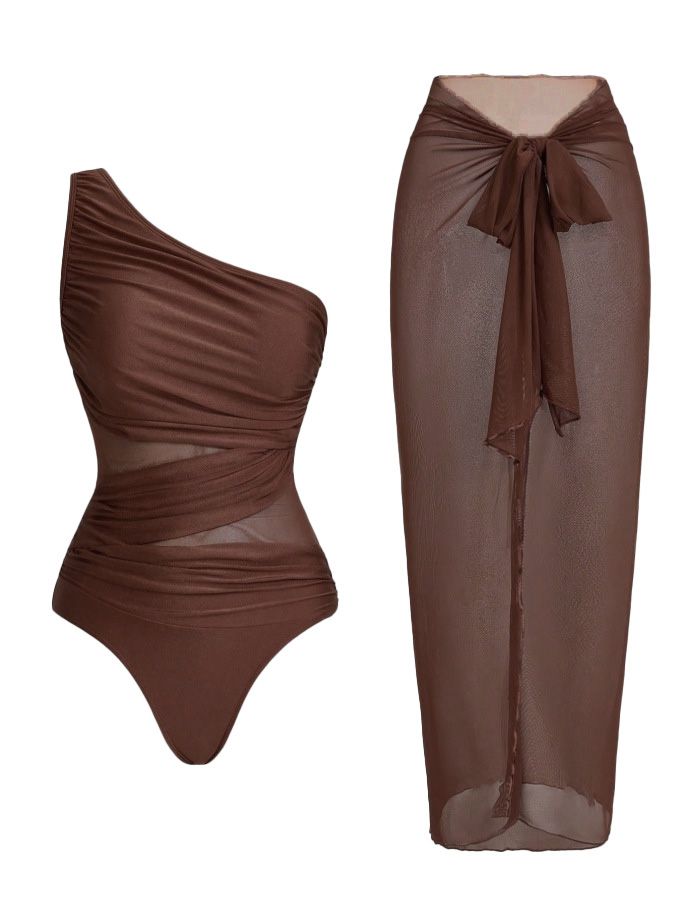 1950s One-Shoulder Ruched Tummy Control One-Piece Swimsuit & Cover-Up, vintage swimsuit, pin-up swimwear - perfect for women who love vintage and retro fashion