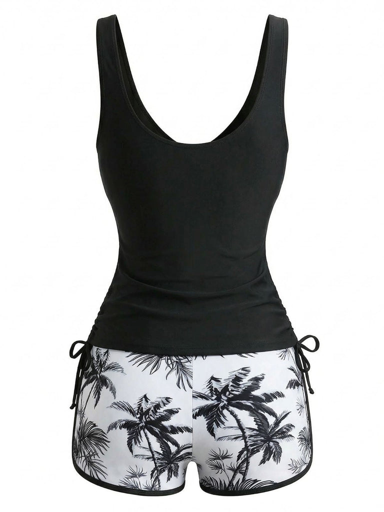 1950s Palm Tree Criss Cross Colorblock Tankini Set - vintage fashion, retro style