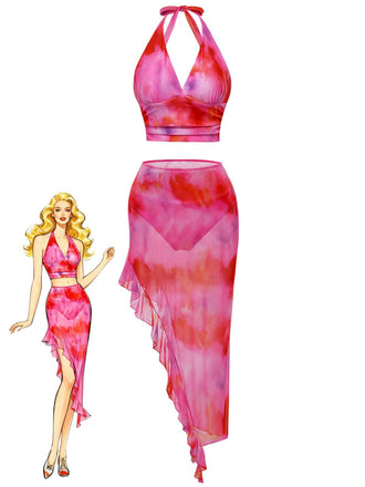 Pink 1950s Gradient Halter Tankini Set & Asymmetric Cover-Up - vintage fashion, retro style