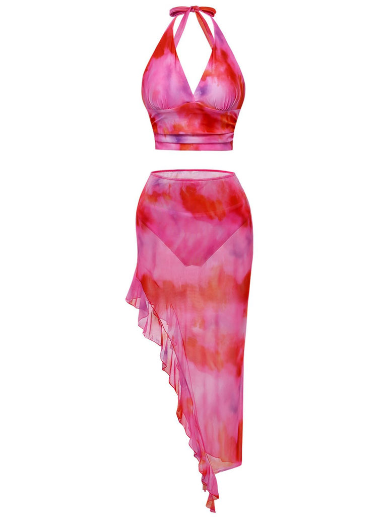 Pink 1950s Gradient Halter Tankini Set & Asymmetric Cover-Up - vintage fashion, retro style