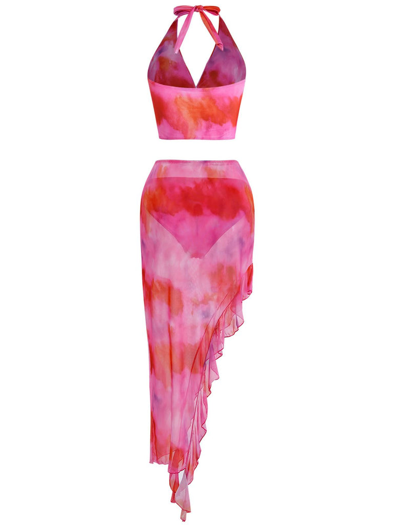 Pink 1950s Gradient Halter Tankini Set & Asymmetric Cover-Up - vintage fashion, retro style