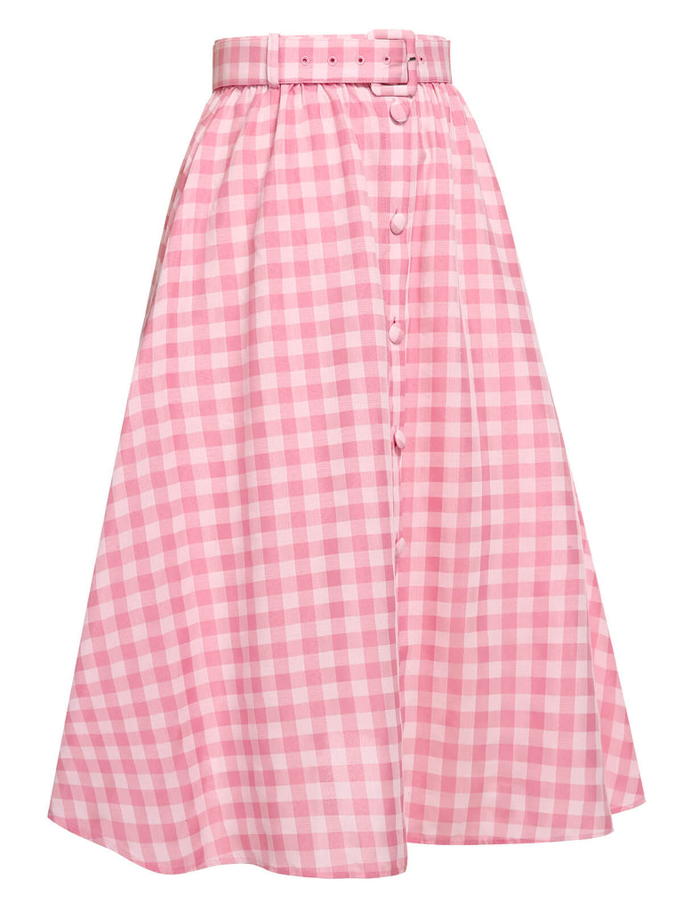 1950s Pink Plaid Button Skirt With Belt, vintage skirt, retro style - perfect for women who love vintage and retro fashion