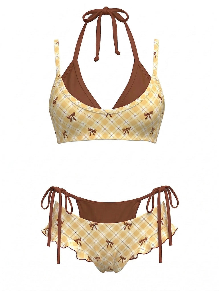 1950s Plaid Bow Halter Double Layer Bikini Set - vintage fashion, retro style