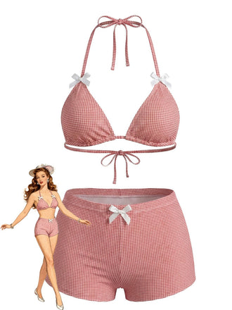 Pink 1950s Bow Colorblock Butterfly Bikini Set, vintage swimsuit, pin-up swimwear - perfect for women who love vintage and retro fashion