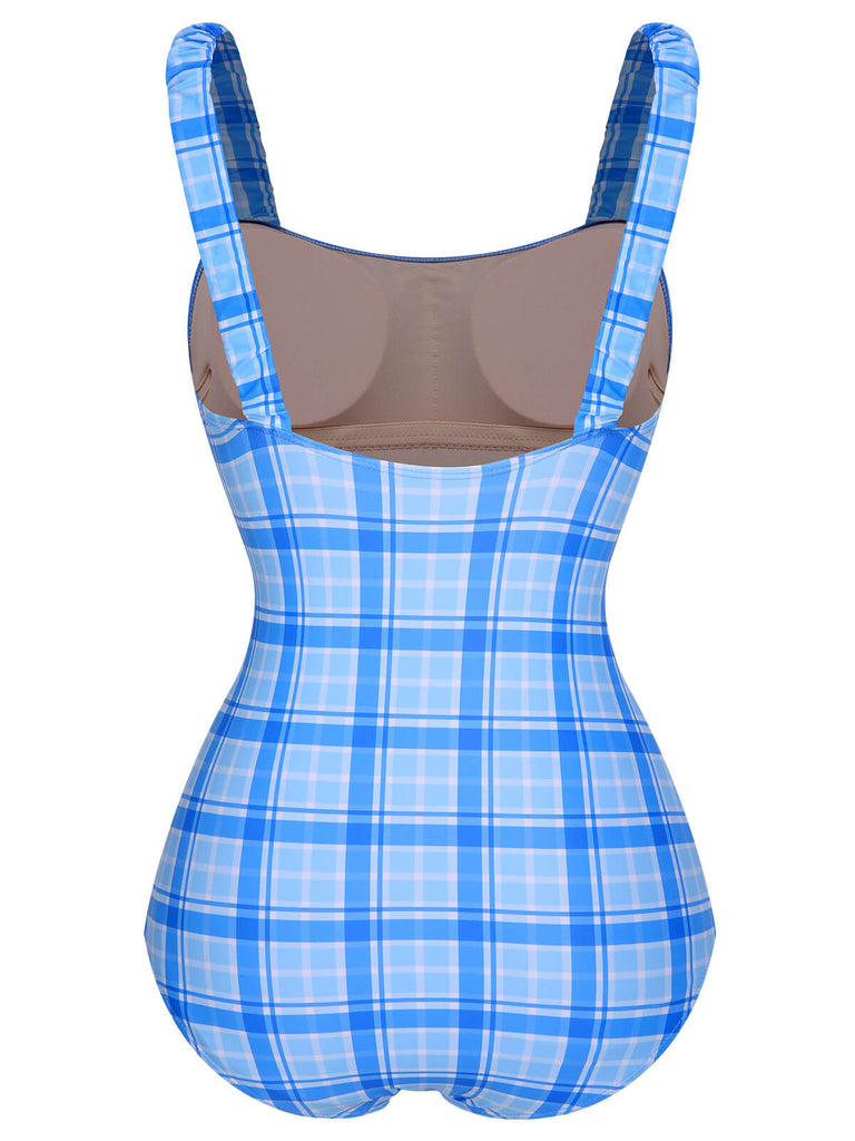1950s Plaid Elastic Gathers One-Piece Swimsuit, vintage swimsuit, pin-up swimwear - perfect for women who love vintage and retro fashion
