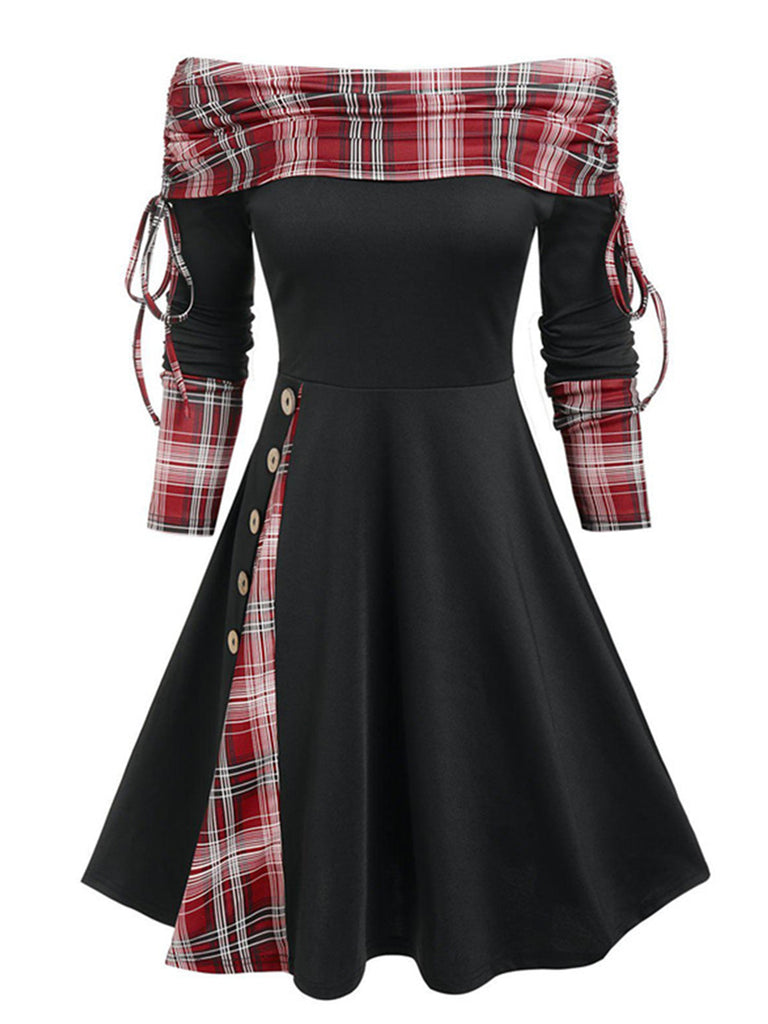 1950s Plaid Patchwork Lace-Up Off-Shoulder Dress — vintage elegance for the modern woman