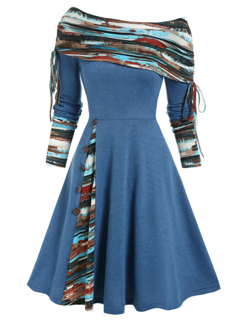 1950s Plaid Patchwork Lace-Up Off-Shoulder Dress — vintage elegance for the modern woman