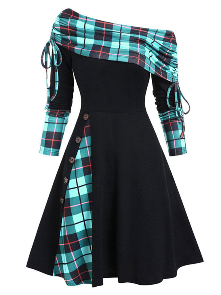 1950s Plaid Patchwork Lace-Up Off-Shoulder Dress: timeless style reimagined