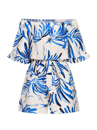 Blue White 1950s Floral Ruffle Jumpsuit
