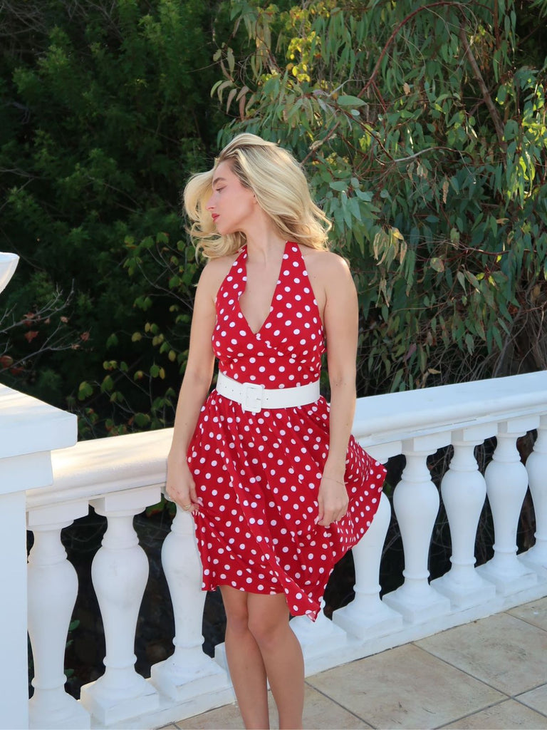 Red 1950s Polka Dot Halter Dress, vintage dress, retro fashion, rockabilly, pin-up fashion - perfect for women who love vintage and retro fashion