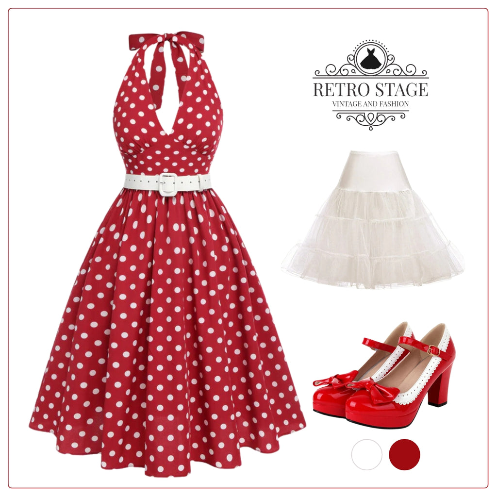 Red 1950s Polka Dot Halter Dress, vintage dress, retro fashion, rockabilly, pin-up fashion - perfect for women who love vintage and retro fashion