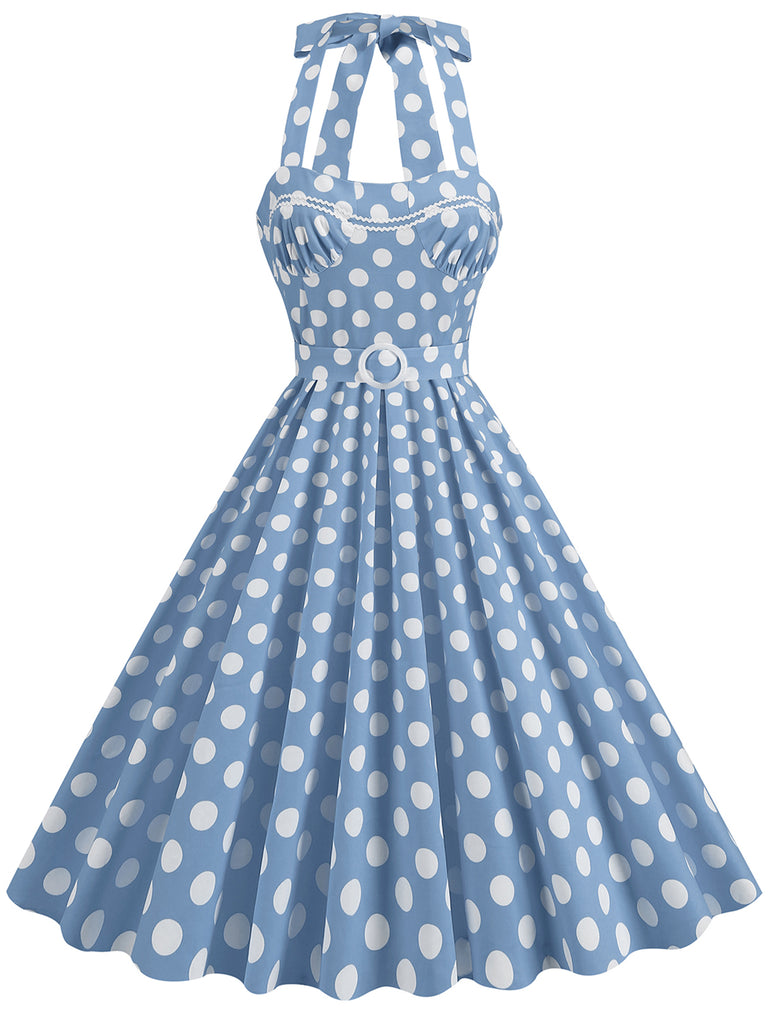 1950s Polka Dot Halter Neck Belt Dress, vintage dress, retro fashion, rockabilly, pin-up fashion - perfect for women who love vintage and retro fashion