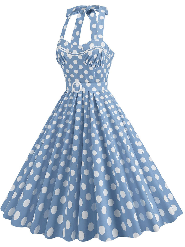 1950s Polka Dot Halter Neck Belt Dress, vintage dress, retro fashion, rockabilly, pin-up fashion - perfect for women who love vintage and retro fashion