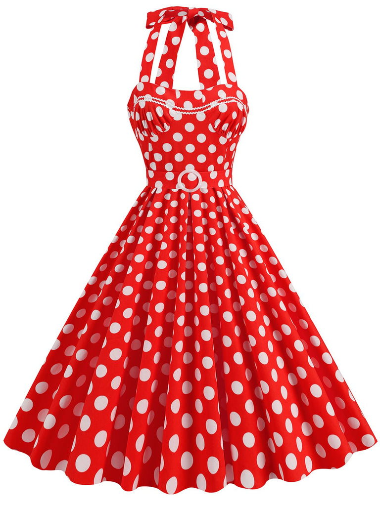 1950s Polka Dot Halter Neck Belt Dress, vintage dress, retro fashion, rockabilly, pin-up fashion - perfect for women who love vintage and retro fashion