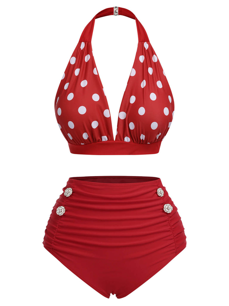 Red 1950s Polka Dot Halter Separate Swimsuit, vintage swimsuit, pin-up swimwear - perfect for women who love vintage and retro fashion