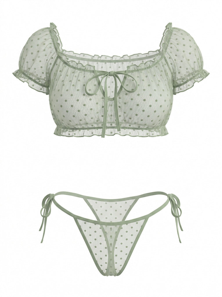 1950s Polka Dot Mesh Tie Off Shoulder Sleepwear 8